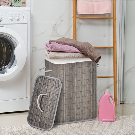 Cesto portabiancheria slim de bambú con tapa 83 L gris (1/5)