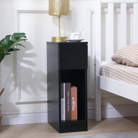 Slim Wood Bedside Table Bedroom Nightstand with Shelf and Drawer, Narrow Bathroom Small Floor Storage Cabinet Living Room End Table Sofa Side Table - Black