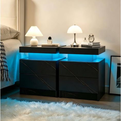 Mesita de noche LED pack de 2, 2 cajones, negro y dorado DESVIAE (1/5)