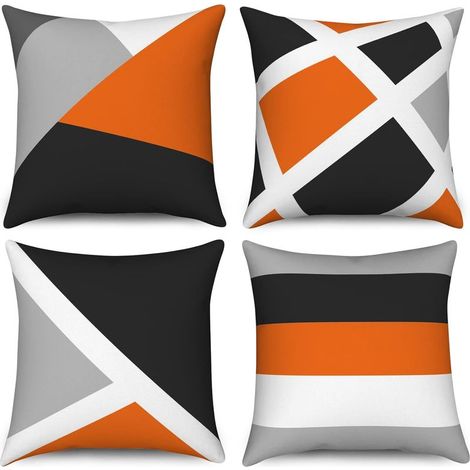 Lot de 4 Housse de Coussin Orange 45x45 Set de, Gris et Noir Moderne Abstrait Rayures Simple Géométrique Décoratif Housse de Coussin en Lin Housse de Coussin pour canapé Jardin extérieur Home Decor (1/5)