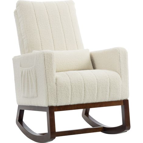 Fauteuil à bascule, rocking chair en flanelle neige rembourré, coussin lombaire, dossier haut, poches latérales, crème