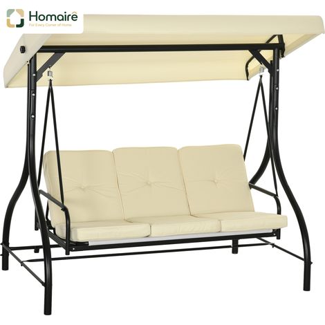 HOMAIRE Hollywoodschaukel 2 en 1 3 places avec fonction de chaise longue, toit solaire réglable, capacité 240kg, pour jardin et terrasse, beige