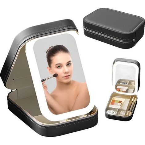 Miroir de maquillage LED Longziming avec boîte de rangement – Miroir de courtoisie portable multifonctionnel – Éclairage tactile et chargement USB – Idéal pour la maison et les voyages – Noir (1/5)