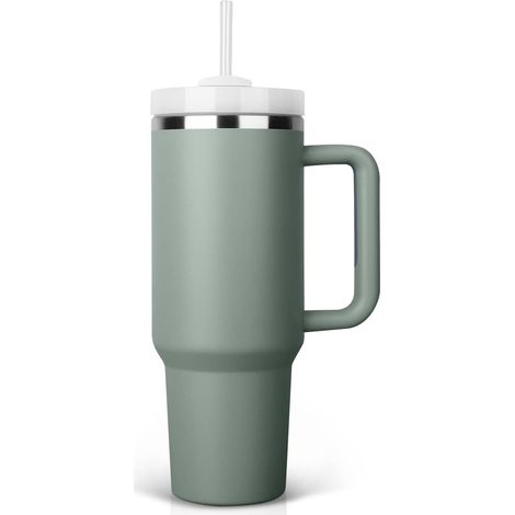 Gourde isotherme 40 oz en acier inoxydable avec anse et couvercle à paille - Bouteille d'eau réutilisable pour boissons chaudes ou froides, idéale voyage (1/5)