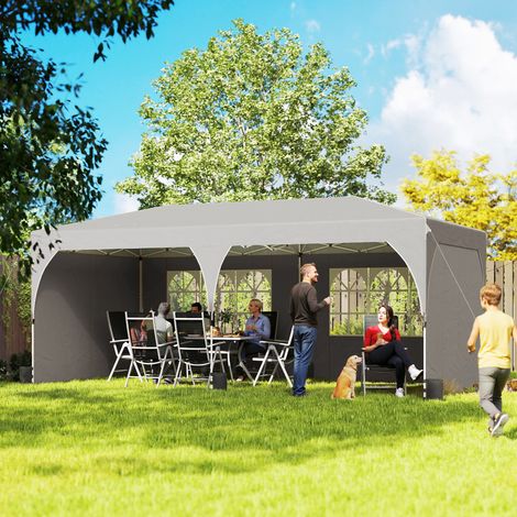 Gazebo pliant 3 x 6 m avec parois et hauteur réglable. Protection UV 50+. Gris clair.