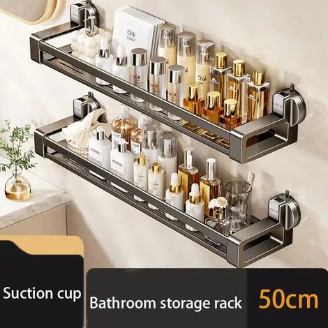 Panier de rangement mural pour gel douche/toilettes (50 cm - double) à ventouses, sans perçage. (1/5)