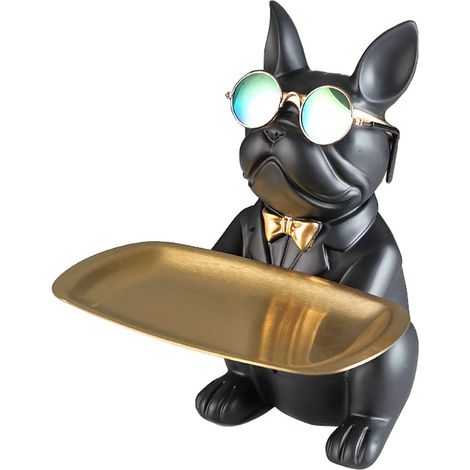 RELAVAEV Sculpture de chien de combat stylisée à la française, avec socle en acier inoxydable, statue, décoration de table, mode, article ménager, multifonctionnel, rangement de bureau, noir (1/5)