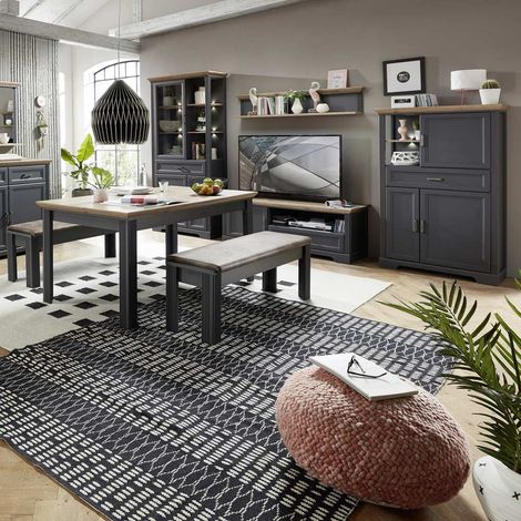 Esszimmer-Möbel-Set JÜLICH-36 in Graphit und Absetzungen Artisan Eiche Nb. mit Vitrine und Essplatz (1/5)
