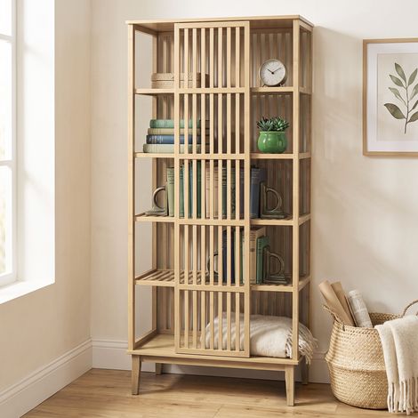 Armoire penderie bambou 5 niveaux avec porte coulissante, design ajouré, bois naturel pour chambre (1/5)