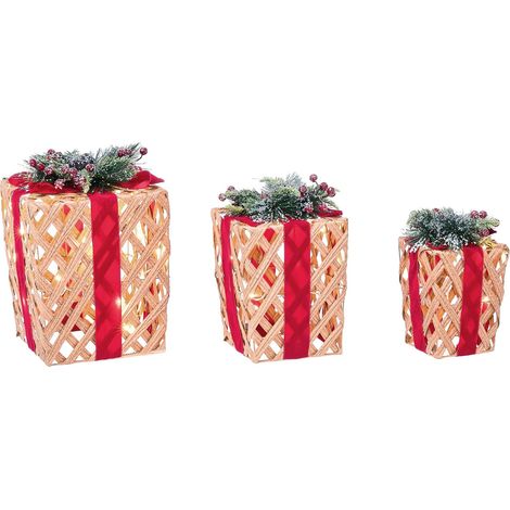 Set di 3 scatole regalo natalizie decorative marroni con luci LED bianco caldo e fiocchi rossi per interni Velkua (1/5)