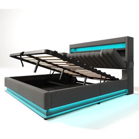 Lit capitonné 140x200 cm, tête de lit de rangement avec ports USB et Type-C, éclairage LED à la tête et au pied du lit, rangement hydraulique, gris, lin (sans matelas) (1/5)