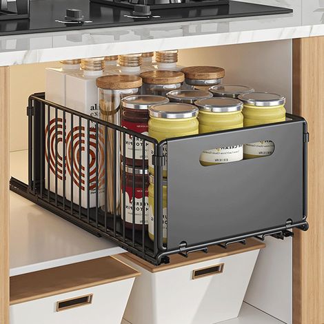 Lot de 1 , 24,5 x 37,5 cm (2 x 19 cm de hauteur) tiroirs télescopiques coulissants pour ustensiles, tiroirs de cuisine extensibles et dépliables, sans perçage ni clouage