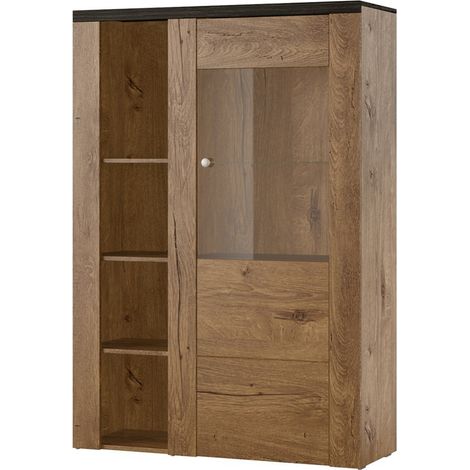 Hoher Design-Buffetschrank mit 1 Tür für das Wohnzimmer in Eichen- und Schwarztönen mit Holzeffekt. Kollektion SANTIAGO.