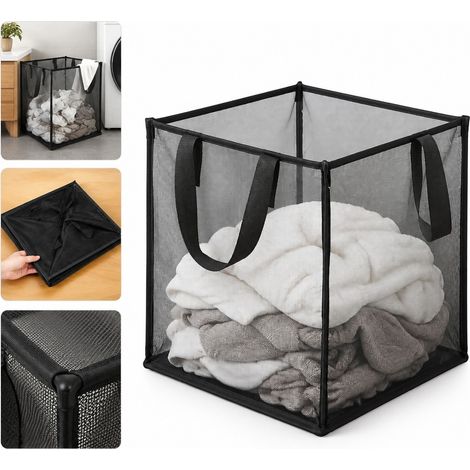 Panier a Linge en Maille Polyester Pliable Simple Couche Noir 33 x 33 x 33 cm (1/5)