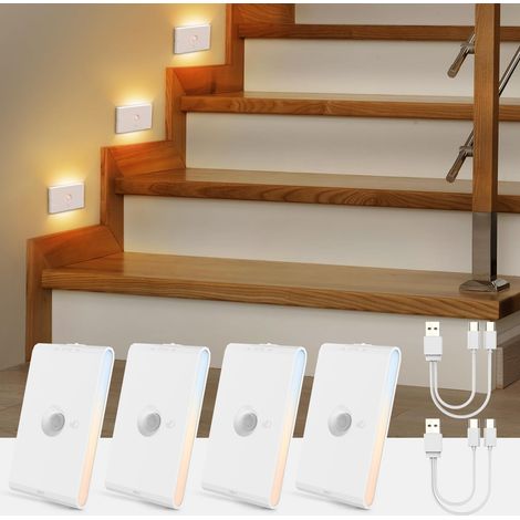 Veilleuse Détecteur de Mouvement et Capteur Crépusculaire Lot de 4, Rechargeable USB 3 Modes AUTO, 3 Températures de Couleur pour Couloir Escalier et Chambre (1/5)
