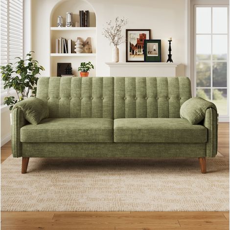 Canapé 2 places en tissu vert avec coussins d’accoudoir, dossier capitonné, rangement latéral et pieds en bois pour petits espaces, CHICFURN (1/5)