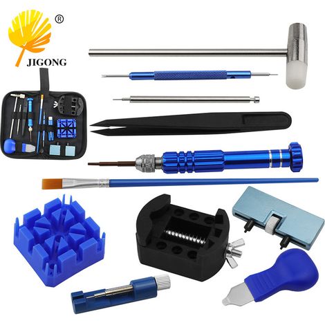 Kit d'outils de réparation de montres à domicile : ouverture du fond de montre, remplacement de la pile, réglage du bracelet et sac à outils complet pour la réparation de montres.