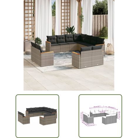 The Living Store 11-tlg. Garten-Sofagarnitur mit Kissen Grau Poly Rattan - Gartenmöbel - Outdoor Möbel - Rattan Sofa - Lounge Set - Esstischgarnitur (1/3)