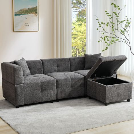 80" Sectional Sofa Couch with Removable Storage Ottoman, Fabric Sofa for Living Room Apartment, L-Shaped Sofa with 2 Pillows for Home/Apartment/Office Living Room, Grey