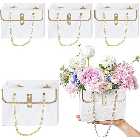 Lot de 4 boîtes cadeaux en papier pour fleurs avec chaînette en métal, nouveauté 2023, seau de rangement pour bouquets, sac de fleuriste, pochette cadeau pour mariage, Saint-Valentin, anniversaire, fê (1/5)