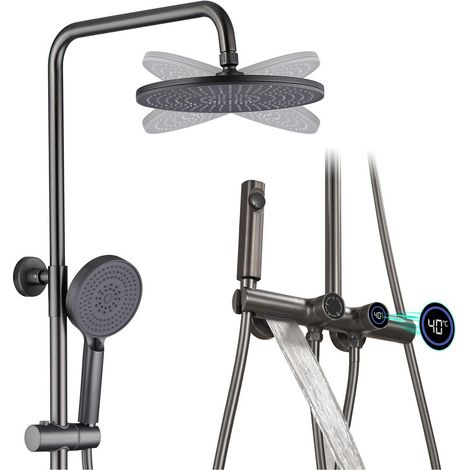 Colonne De Douche Thermostatique, Ensemble De Douche Mural 4 Fonctions Avec Affichage NuméRique Led Pomme De Douche Ronde De 26 Cm, Douchette à Main, Robinet De Bain Cascade(Gris Pistolet) (1/5)