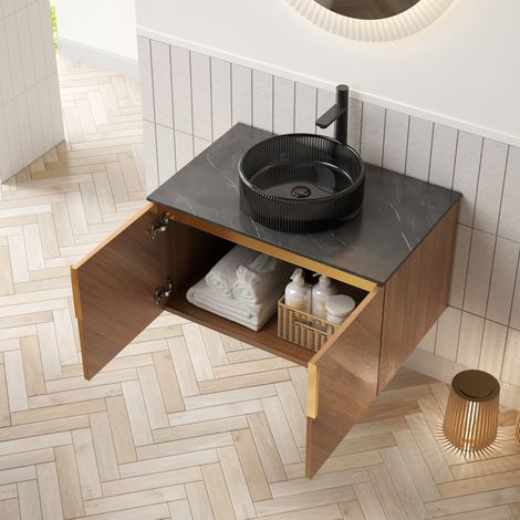 Mueble de baño suspendido 76 cm moderno, lavabo redondo de vidrio negro transparente, encimera de piedra sinterizada, 2 puertas (1/5)