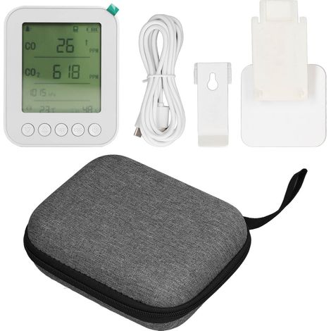 Détecteur portable 5 en 1 CO2, température, humidité - Haute précision, rechargeable USB, multifonction, finition argentée (1/5)