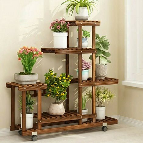 Blumenregal Holz 6 Ebenen Blumenständer mit Rollen, mehrstöckig Pflanzentreppe für Balkon Wohzimmer Flur Garten, 95 x 26 x 96 cm Braun (1/5)