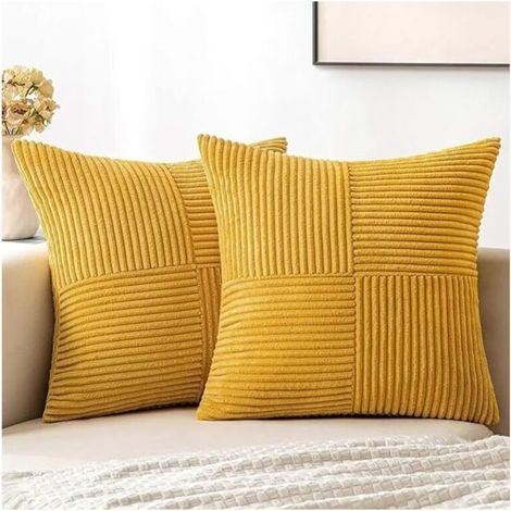 Set of 4 cushion covers 45 x 45 cm - Corduroy - Bohemian style - Aesthetic appearance - Suitable for sofa, bedroom, living room - Bright yellow (1/5)