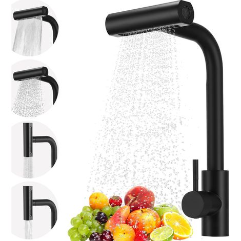 Robinet Cuisine Noir avec Douchette Extractible – Mitigeur Cuisine avec 4 Modes de Pulvérisation, Robinet Évier de Cuisine Rotatif 360° en Inox Haute Pression avec Cascade (1/5)