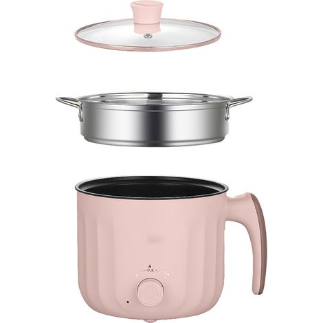 Poêle électrique multifonction antiadhésive portable 2-en-1, casserole électrique pour dortoir bureau, rose + grille vapeur