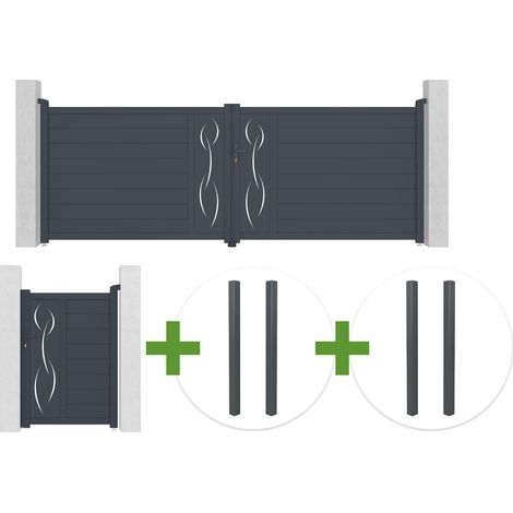 Portail battant 4m LIFE H.140cm aluminium gris + Portillon 1m LIFE H.140cm + 4 poteaux ELDA (1/5)