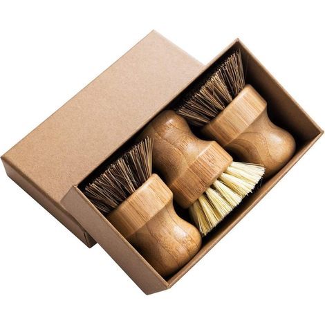 Palm Pot Brush-Bamboo Round Mini Brosse à vaisselle Brosse de nettoyage naturelle Kit de nettoyage de nettoyage durable avec fibre Union et fibre Tampico pour nettoyer les casseroles,les poêles,3pcs (1/5)