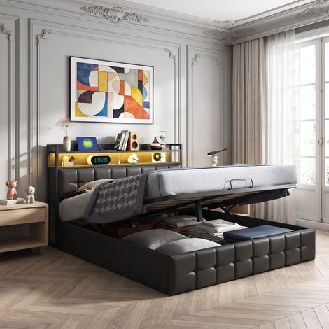 Lit coffre 140x190 cm avec rangement, Tête de lit avec LED et USB, Rangement hydraulique, Sommier à lattes, Similicuir noir (1/5)
