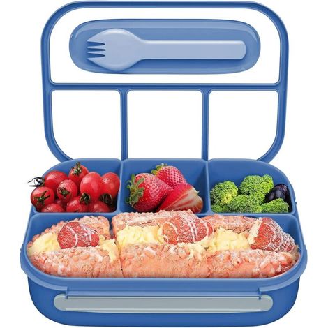 Lunchbox für Erwachsene und Kinder, 1000 ml, vier Fächer, mit Besteck, auslaufsicher, für Schule, Büro und Reisen - Crezuo