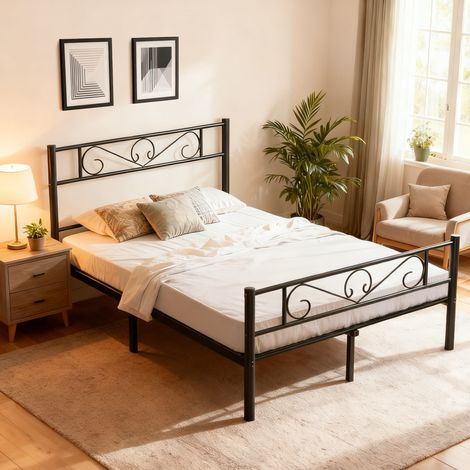 Lit Double Métallique 140 x 200 cm, Sommier inclus, Cadre Robuste, pour Chambre Ado ou Invités, Montage Facile, Noir (1/5)