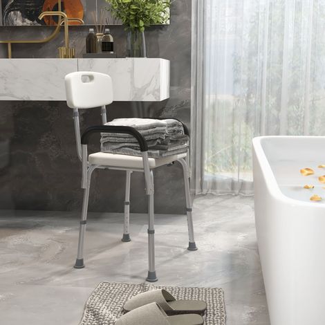 Duschstuhl, ergonomischer Duschsitz, höhenverstellbar, rutschfeste Füße, abnehmbare Rückenlehne und Armlehnen, max. Belastbarkeit 136 kg, Aluminium, HDPE, Weiß