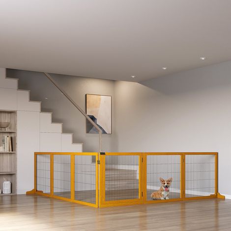 6-teiliges, faltbares Hundegitter für kleine bis mittelgroße Hunde, Sicherheitsgitter aus Holz und Stahl, 432 x 36 x 70 cm, Gelb