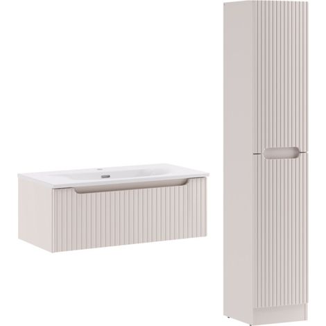 Ensemble meuble salle de bain suspendu SKY Taupe avec vasque et colonne 50 cm-Largeur 50 cm (1/5)