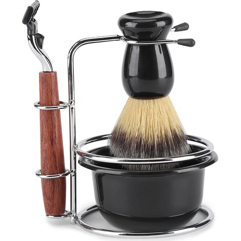 4pcs Kit de Blaireau de Rasage Kit Outils de Rasage Manuel Rasoir Manuel + Support de Support en Acier stainess + Pinceau + Bol pour Homme Rasage