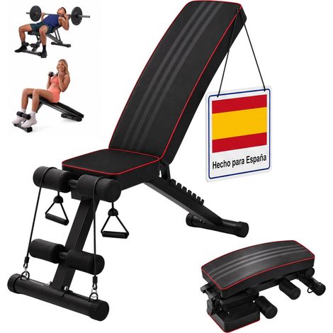 Relaxdays Banco de pesas plegable y ajustable, hasta 150 kg, 2 bandas elásticas, 4 en 1, negro, para gimnasio en casa (1/5)
