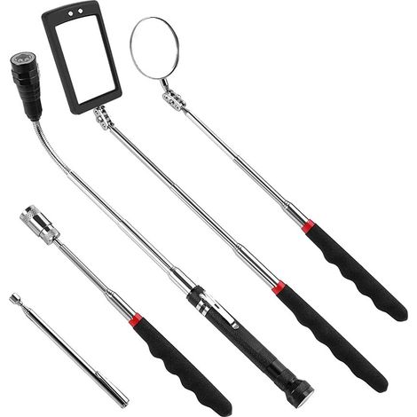 Cadeau pour homme, kit de 5 outils télescopiques magnétiques avec tige de micro, miroir d'inspection réglable et lampe torche LED flexible (1/5)