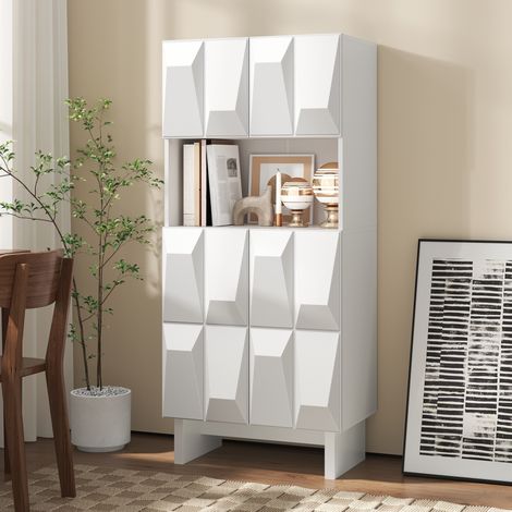 Vitrine haute en panneau de particules, 4 portes, niche ouverte, étagère réglable, blanc (1/5)