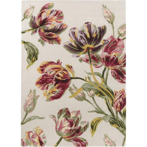Tapis salon et chambre en laine 170x240 crème et vert rectangle fait main (1/5)