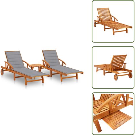 Chaises longues lot de 2 avec table et coussins Acacia solide - Chaise Longue - Transat - Mobilier De Jardin - Salon De Jardin - Meubles De Jardin (1/5)