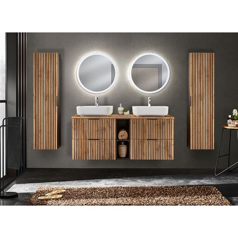 Badezimmer Komplett Set Doppelwaschtisch mit Regal 141 cm XANTEN-56 in anthrazit mit Eiche Nb. Rillen schwarz, B/H/T: ca. 241/200/46,5 cm (1/5)