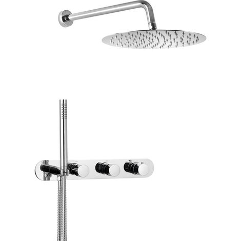 Set de douche à encastrer avec mitigeur thermostatique et support de douche, 2 sorties, rond, chromé