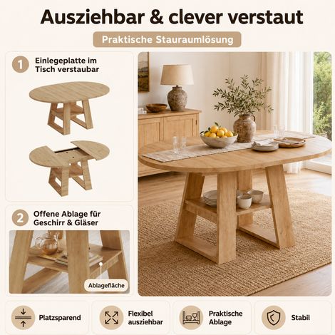 Tavolo da pranzo rotondo estensibile con vano portaoggetti 110/150 x 110 cm MDF rovere OKWISH (1/3)