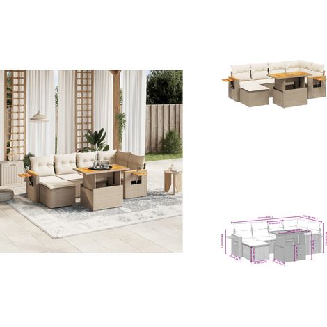 Salon de jardin avec coussins 7 pcs beige résine tressée - Ensemble Salon De Jardin - Meuble Extérieur - Résine Tressée - Rotin Synthétique - Table Extensible (1/3)