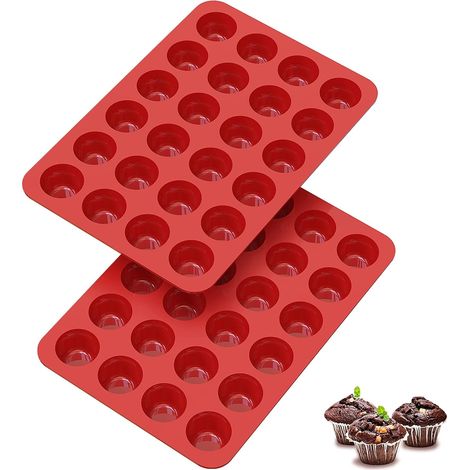 Moule Mini Muffin 24 Silicone, Moule Mini Tartelette, Lot de 2 Moules Mini Quiche, Anti-adhésif Petite Moules Silicone Pour Cupcake, Muffins, Brownies,Rond 24 Trous x2pcs,-